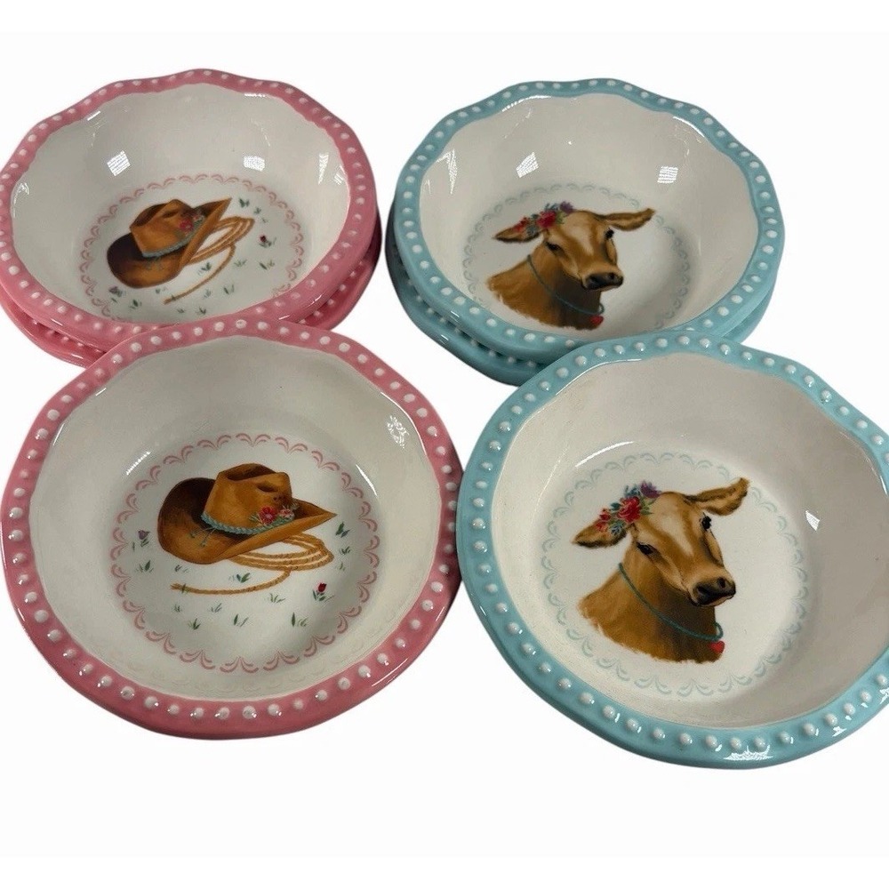 PIONEER WOMAN Gingham Cowboy Hat Cow Flowers Farmhouse Stoneware Small Bowls 6